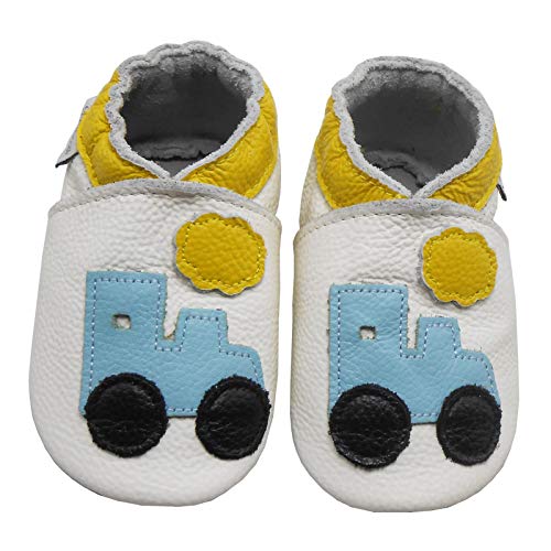 Bemesu Baby Krabbelschuhe Lauflernschuhe Lederpuschen Kinder Hausschuhe aus weichem Leder für Mädchen und Jungen Weiss Auto (M, 6-12 M, EU 20-21) von Bemesu