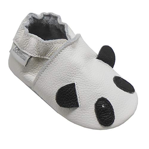 Bemesu Baby Krabbelschuhe Lauflernschuhe Lederpuschen Kinder Hausschuhe aus weichem Leder für Mädchen und Jungen Weiss Panda (L, EU 21-22) von Bemesu