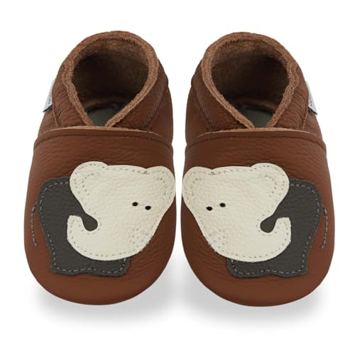 Bemesu Krabbelschuhe Baby Lauflernschuhe Weicher Leder Babyschuhe Lederpuschen mit Wildledersohlen Kleinkind Babyhausschuhe für Mädchen Jungen Dunkelbraun Elefant (L, 12-18 M, EU 21/22) von Bemesu