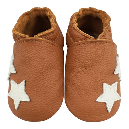 Bemesu Krabbelschuhe Baby Lauflernschuhe Weicher Leder Babyschuhe Lederpuschen mit Wildledersohlen Kleinkind Babyhausschuhe für Mädchen Jungen Braun Sterne (M, 6-12 M, EU 20/21) von Bemesu