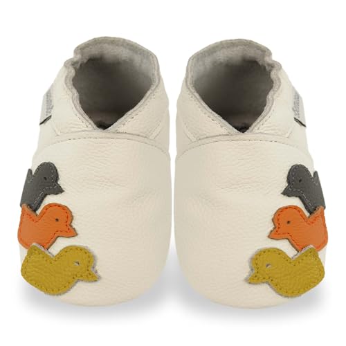 Bemesu Krabbelschuhe Baby Lauflernschuhe Weicher Leder Babyschuhe Lederpuschen mit Wildledersohlen Kleinkind Babyhausschuhe für Mädchen Jungen Cremeweiß Enten (XL, 18-24 M, EU 23/24) von Bemesu