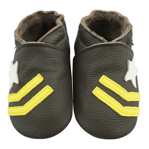 Bemesu Krabbelschuhe Baby Lauflernschuhe Weicher Leder Babyschuhe Lederpuschen mit Wildledersohlen Kleinkind Babyhausschuhe für Mädchen Jungen Dunkelbraun Stern (L, 12-18 M, EU 21/22) von Bemesu