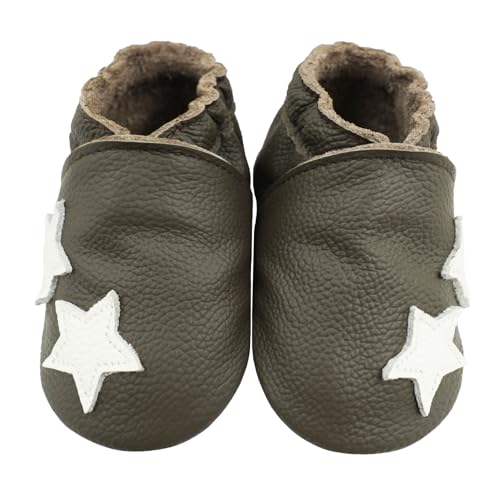 Bemesu Krabbelschuhe Baby Lauflernschuhe Weicher Leder Babyschuhe Lederpuschen mit Wildledersohlen Kleinkind Babyhausschuhe für Mädchen Jungen Dunkelbraun Sterne (S, 0-6 M, EU 18/19) von Bemesu