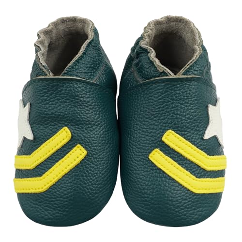 Bemesu Krabbelschuhe Baby Lauflernschuhe Weicher Leder Babyschuhe Lederpuschen mit Wildledersohlen Kleinkind Babyhausschuhe für Mädchen Jungen Dunkelgrün Stern (M, 6-12 M, EU 20/21) von Bemesu