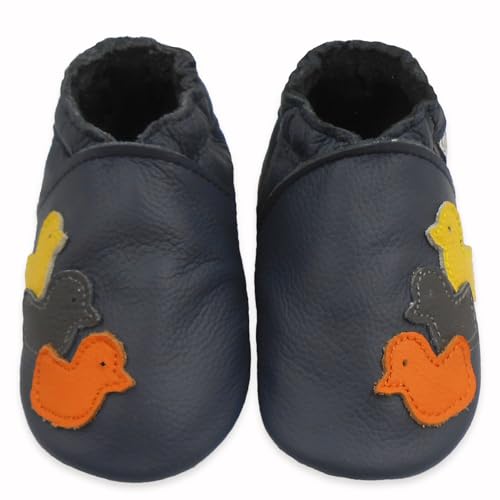 Bemesu Krabbelschuhe Baby Lauflernschuhe Weicher Leder Babyschuhe Lederpuschen mit Wildledersohlen Kleinkind Babyhausschuhe für Mädchen Jungen Navy Blau Enten (M, 6-12 M, EU 20/21) von Bemesu