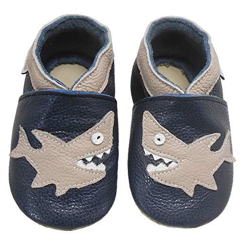 Bemesu Krabbelschuhe Baby Lauflernschuhe Jungen Mädchen Weiche Leder Lederpuschen Hausschuhe kleinkind Barfußschuhe Baby Sockenschuhe Babyschuhe Schwarz Hai (L, 12-18 M, EU 21/22) von Bemesu