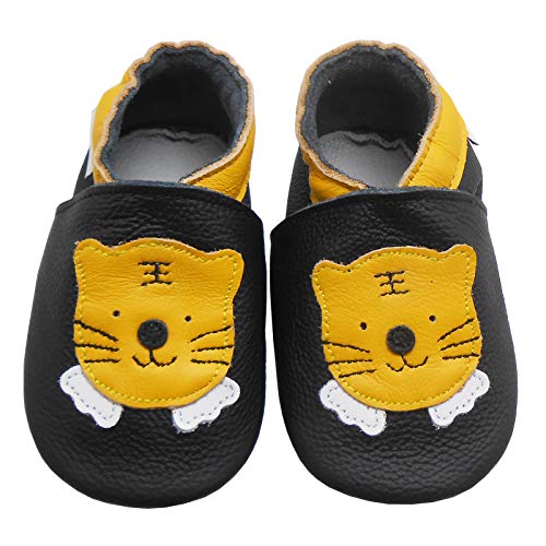 Bemesu Krabbelschuhe Baby Lauflernschuhe Jungen Mädchen Weiche Leder Lederpuschen Hausschuhe kleinkind Barfußschuhe Baby Sockenschuhe Babyschuhe Schwarz Tiger (L, 12-18 M, EU 21/22) von Bemesu