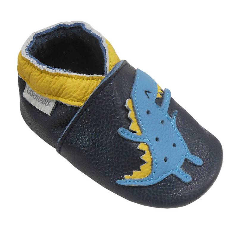 Bemesu Krabbelschuhe Baby Lauflernschuhe Lederpuschen dunkelblau Dinosaurier Krabbelschuh Rutschfest atmungsaktiv von Bemesu