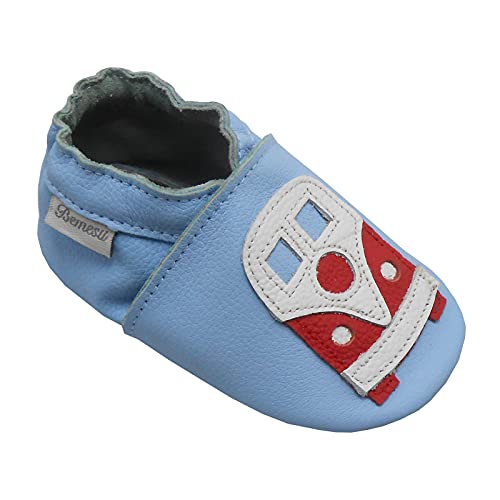 Bemesu Lauflernschuhe Baby Krabbelschuhe Lederpuschen Kinder Hausschuhe aus weichem Leder für Mädchen und Jungen Hellblau Auto (L, 12-18 M, EU 21-22) von Bemesu