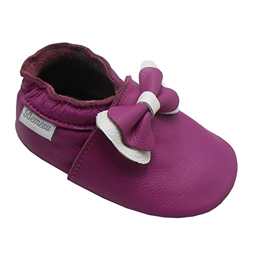 Bemesu Lauflernschuhe Baby Krabbelschuhe Lederpuschen Kinder Hausschuhe aus weichem Leder für Mädchen und Jungen Lila Schleife (S, 0-6 M, EU 18-19) von Bemesu