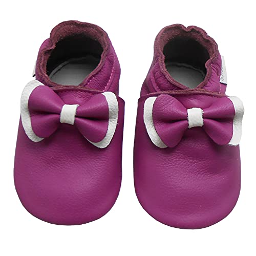 Bemesu Lauflernschuhe Baby Krabbelschuhe Lederpuschen Kinder Hausschuhe aus weichem Leder für Mädchen und Jungen Lila Schleife (S, 0-6 M, EU 18-19) von Bemesu