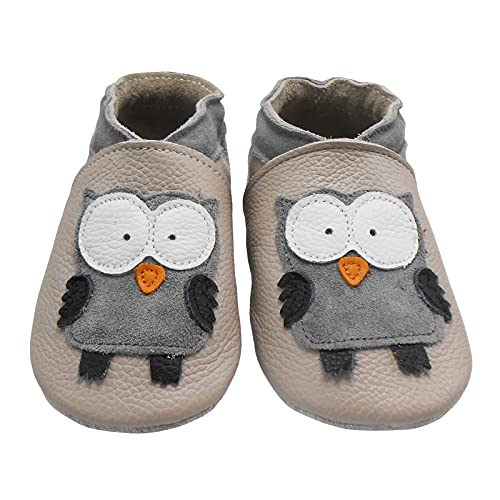 Bemesu Krabbelschuhe Baby Lauflernschuhe Weicher Leder Babyschuhe Lederpuschen mit Wildledersohlen Kleinkind Babyhausschuhe für Mädchen Jungen Beige Grau Eule (L, 12-18 M, EU 21/22) von Bemesu