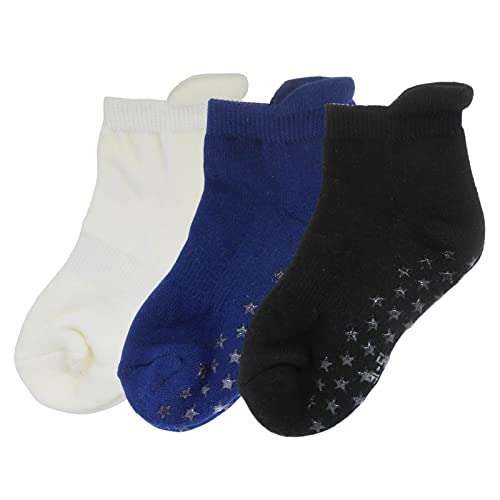 Bemesu Neugeborenen-Socken Anti-Rutsch-Baumwollsocken Kinder Kurze Krabbelsocken Weiche Heimsocken Halbfrottee Einfarbige Socken 3 Paar Weiß，blau， Schwarz (M，12-18 Monate) von Bemesu