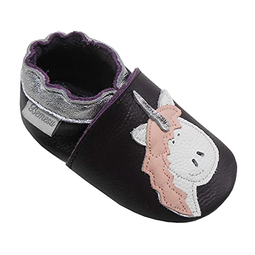 Bemesu Weiche Lederpuschen Krabbelschuhe Lauflernschuhe Kleinkind Kinderschuhe Hausschuhe Lila Einhorn (L,12-18 M, EU 21-22) von Bemesu