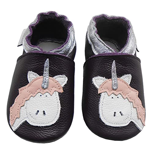 Bemesu Weiche Lederpuschen Krabbelschuhe Lauflernschuhe Kleinkind Kinderschuhe Hausschuhe Lila Einhorn (L,12-18 M, EU 21-22) von Bemesu