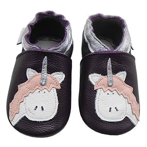Bemesu Krabbelschuhe Baby Lauflernschuhe Jungen Mädchen Weiche Leder Lederpuschen Hausschuhe kleinkind Barfußschuhe Baby Sockenschuhe Babyschuhe Dunkelviolett Einhorn (XL, 18-24 M, EU 23/24) von Bemesu