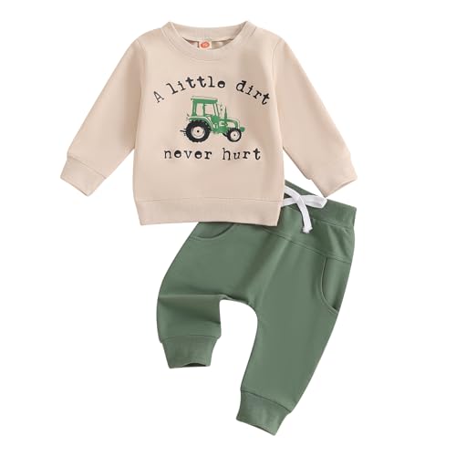 BemeyourBBs Kleinkind Baby Jungen Herbst Winter Kleidung Lustige Buchstaben Langarm Sweatshirt und Hose Set 2-teiliges Sweatsuit Outfit, A Little Dirt Never Hurt Beige, 12-18 Monate von BemeyourBBs