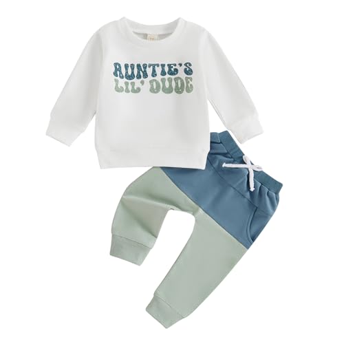 BemeyourBBs Kleinkind Baby Jungen Herbst Winter Kleidung Lustige Buchstaben Langarm Sweatshirt und Hose Set 2-teiliges Sweatsuit Outfit, Aunties Little Dude White, 6-12 Monate von BemeyourBBs