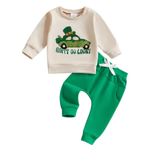 BemeyourBBs Kleinkind Baby Jungen Herbst Winter Kleidung Lustige Buchstaben Langarm Sweatshirt und Hose Set 2-teiliges Sweatsuit Outfit, St. Patricks Day Happy Go Lucky, 3-6 Monate von BemeyourBBs