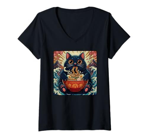 Damen Niedliche Katze mit Ramen-Schale T-Shirt mit V-Ausschnitt Damen Niedliche Katze mit Ramen-Schale T-Shirt mit V-Ausschnitt von Ben Cat Tee Shop