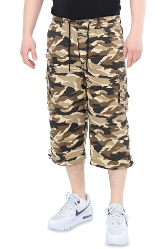 Ben Creek - Herren Capri Freizeithose - Bermuda Short für Alltag & Urlaub - 3/4 Zip Off Wanderhose mit Gummizugbund - Kurze Cargo mit Multitaschen QM7 - braun-beige Military L von Ben Creek