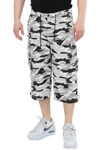 Ben Creek - Herren Capri Freizeithose - Bermuda Short für Alltag & Urlaub - 3/4 Zip Off Wanderhose mit Gummizugbund - Kurze Cargo mit Multitaschen QM7 - weiß-grau Military 3XL von Ben Creek