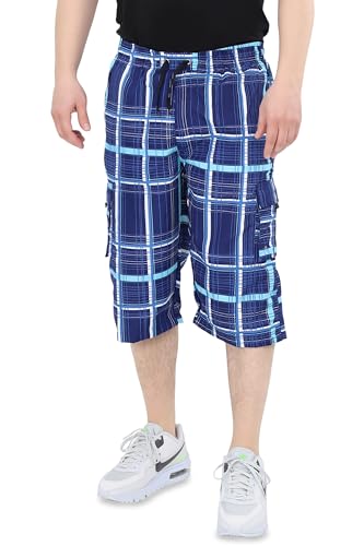 Ben Creek - Herren Capri Freizeithose - Bermuda Short für Freizeit & Alltag - Kurze 3/4 Wanderhose mit Gummizugbund - halblange Cargo mit Multitaschen QL05 (blau-weiß kariert 3XL) von Ben Creek