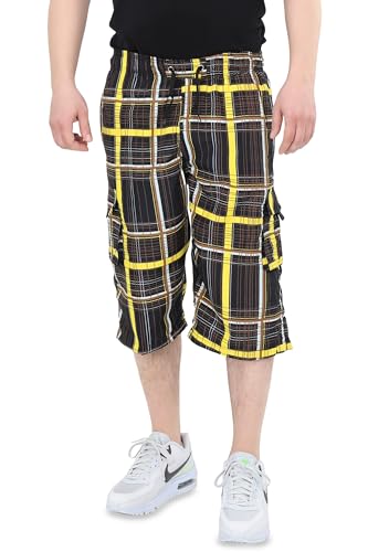 Ben Creek - Herren Capri Freizeithose - Bermuda Short für Freizeit & Alltag - Kurze 3/4 Wanderhose mit Gummizugbund - halblange Cargo mit Multitaschen QL05 (gelb-schwarz kariert M) von Ben Creek