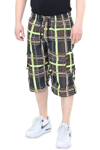 Ben Creek - Herren Capri Freizeithose - Bermuda Short für Freizeit & Alltag - Kurze 3/4 Wanderhose mit Gummizugbund - halblange Cargo mit Multitaschen QL05 (grün-schwarz kariert 3XL) von Ben Creek