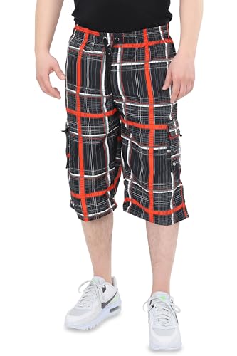 Ben Creek - Herren Capri Freizeithose - Bermuda Short für Freizeit & Alltag - Kurze 3/4 Wanderhose mit Gummizugbund - halblange Cargo mit Multitaschen QL05 (rot-schwarz kariert 3XL) von Ben Creek