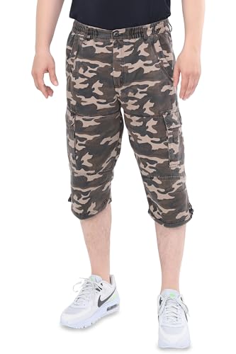 Ben Creek - Herren Capri Freizeithose - Bermuda Short für den Alltag - Kurze 3/4 Wanderhose mit Gummizugbund - Cargo mit Multitaschen im Military Look M301 (braun-Military 3XL) von Ben Creek