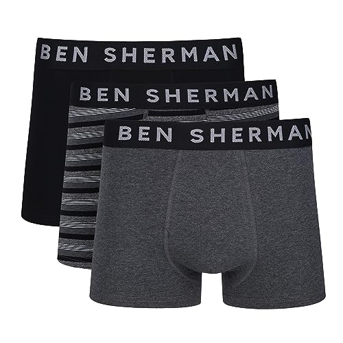 Herren Ben Sherman Boxershorts in Anthrazit/Gestreift/Schwarz | Trunks aus weicher Baumwolle mit elastischem Bund | Bequeme und atmungsaktive Unterwäsche - Dreierpack von Ben Sherman