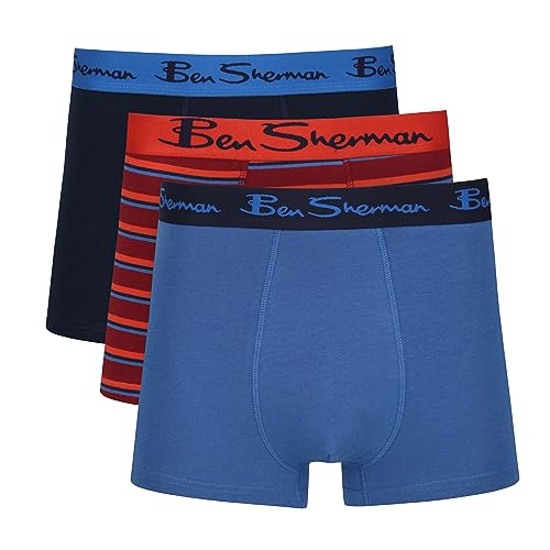 Herren Ben Sherman Boxershorts in Blau/Gestreift/Marineblau | Trunks aus weicher Baumwolle mit elastischem Bund | Bequeme und atmungsaktive Unterwäsche - Dreierpack von Ben Sherman