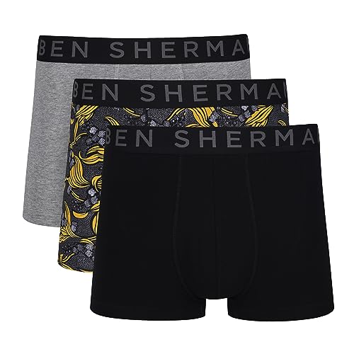 Ben Sherman Herren Men's Boxer Shorts in Black/Pattern/Grey | Soft Touch Cotton Trunks with Elasticated Waistband Boxershorts, Black/Pattern/Grey, von Ben Sherman