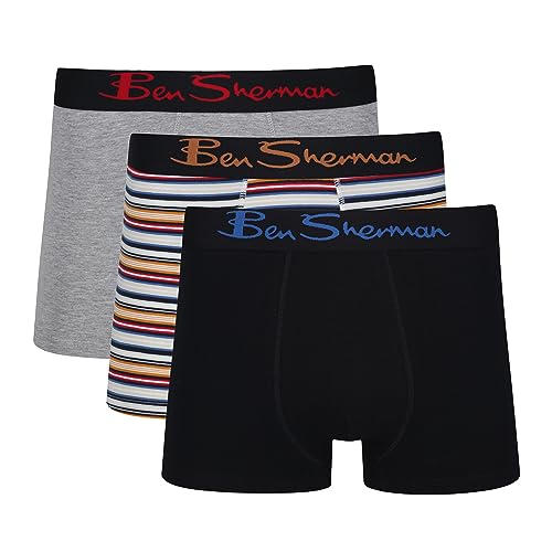 Ben Sherman Herren Men's Boxer Shorts in Black/Stripe/Grey | Soft Touch Cotton Rich Trunks with Elasticated Waistband Boxershorts, Black/Stripe/Grey, von Ben Sherman