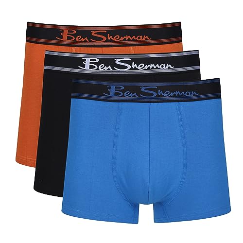 Ben Sherman Herren Men's Boxer Shorts in Blue/Black/Orange | Soft Touch Cotton Trunks with Elasticated Waistband Boxershorts, Blue/Black/Orange, von Ben Sherman