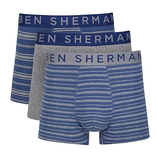 Ben Sherman Herren Men's Boxer Shorts in Navy/Stripe/Grey | Soft Touch Cotton Trunks with Elasticated Waistband Boxershorts, Navy/Stripe/Grey, von Ben Sherman