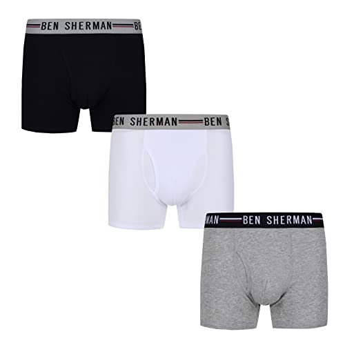 Ben Sherman Herren Mens Keyhole Front Boxer Shorts, Soft Touch Cotton with Elasticated Waistband Unterwäsche, Black/White/Grey, XL von Ben Sherman
