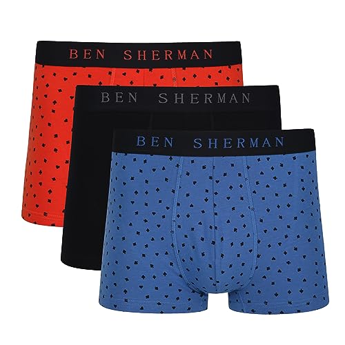 Herren Ben Sherman Boxershorts in Blau/Schwarz/Orange | Trunks aus weicher Baumwolle mit elastischem Bund | Bequeme und atmungsaktive Unterwäsche - Dreierpack von Ben Sherman