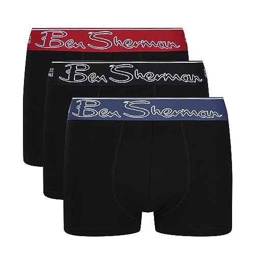 Herren Ben Sherman Boxershorts in Schwarz | Trunks aus weicher Baumwolle mit kontrastierendem elastischem Bund | Bequeme und atmungsaktive Unterwäsche - Dreierpack von Ben Sherman