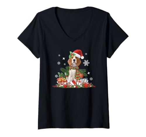 Damen Weihnachten, Beagle-Hund, Weihnachtsmannmütze, Lichter, Geschenkdekoration T-Shirt mit V-Ausschnitt von Ben's Beagle Owner Themed Items