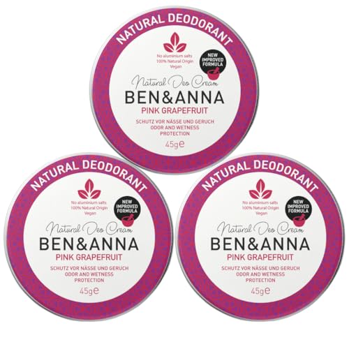 BEN & ANNA Deocreme Pink Grapefruit - Natürliches Deo für Herren und Damen - Gegen starkes Schwitzen - Vegan & Naturkosmetik - Festes Deo ohne Aluminium (45g (3er Pack), Vanille, Grapefruit) von Ben & Anna