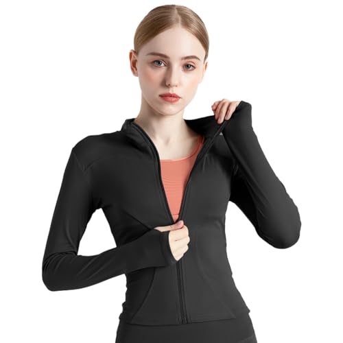 BenBoy Damen Laufjacke Atmungsaktive Sportjacke Langarm Weiches Gym Top Leichtes Trainingsjacke mit Reißverschluss Fitness Top mit Daumenlöchern Yoga Wandern SYMTWT03-Black1-M von BenBoy