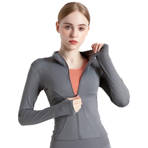 BenBoy Damen Laufjacke Atmungsaktive Sportjacke Langarm Weiches Gym Top Leichtes Trainingsjacke mit Reißverschluss Fitness Top mit Daumenlöchern Yoga Wandern SYMTWT03-Gery-S von BenBoy