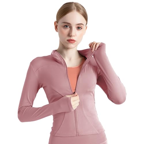 BenBoy Damen Laufjacke Atmungsaktive Sportjacke Langarm Weiches Gym Top Leichtes Trainingsjacke mit Reißverschluss Fitness Top mit Daumenlöchern Yoga Wandern SYMTWT03-Pink-L von BenBoy