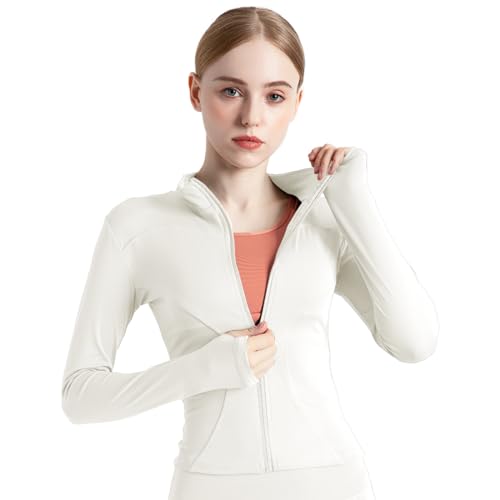 BenBoy Damen Laufjacke Atmungsaktive Sportjacke Langarm Weiches Gym Top Leichtes Trainingsjacke mit Reißverschluss Fitness Top mit Daumenlöchern Yoga Wandern SYMTWT03-White-S von BenBoy