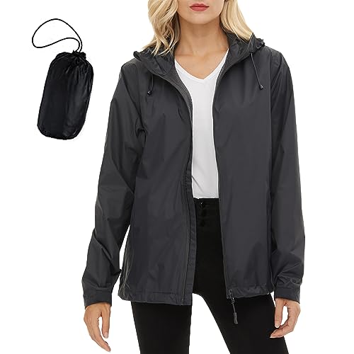 BenBoy Damen Regenjacke Wasserdicht Regenmantel Leichte Winddicht Outdoorjacke Atmungsaktiv Faltbare Windbreaker Übergangsjacke mit Kapuze YY63189W-Gray-XS von BenBoy