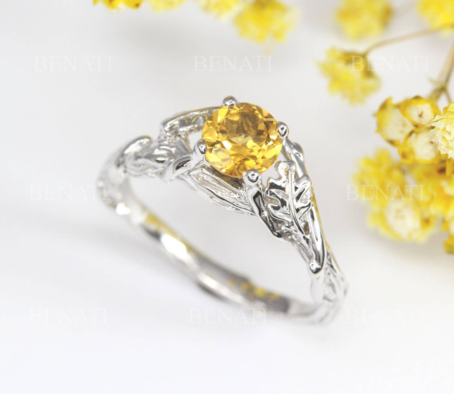 Einzigartiger Natürlicher Citrin Blatt Ring, 14K 18K Gold Verlobungsring, Boho Vintage Natur Inspiriert Floral Blätter Vine Ring von Benati