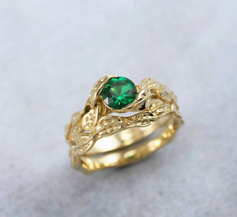 14K Blattgold Ehering Set Grüner Spinell Verlobungsring von Benati