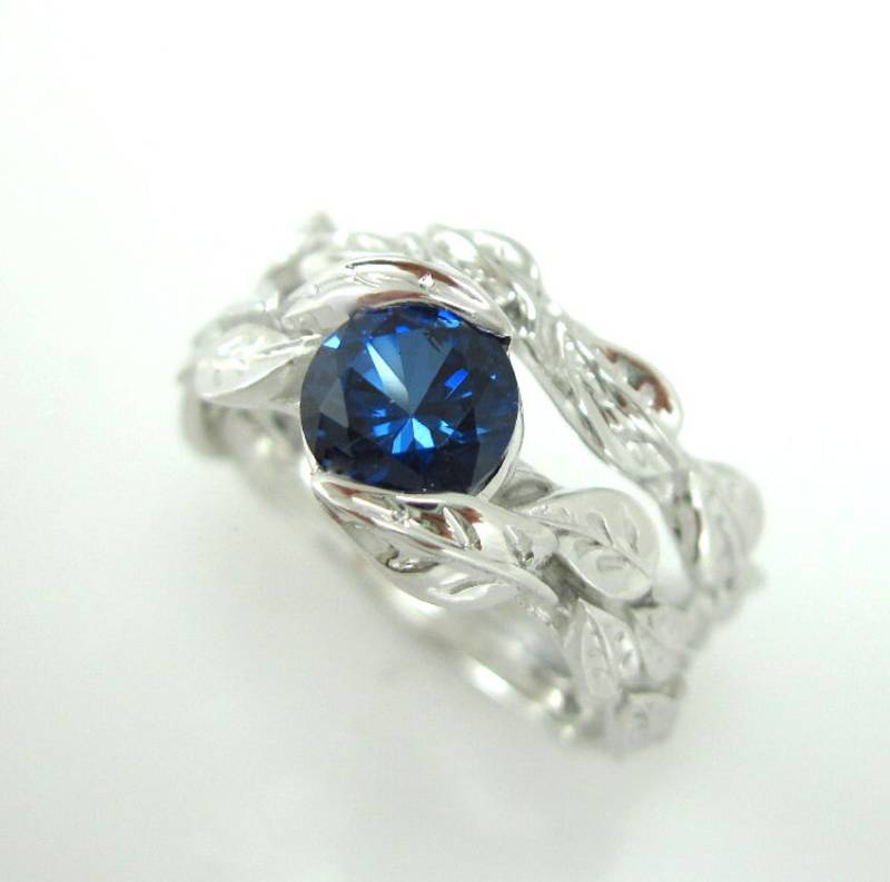 Blatt Ehering Set 585Er Gold, Blauer Saphir Ring von Benati